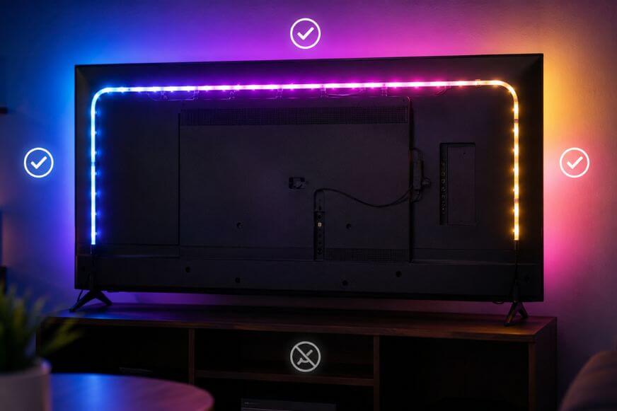 Philips Hue Play Gradient Lightstrip an TV-Rückseite mit sichtbarer freier Unterseite
